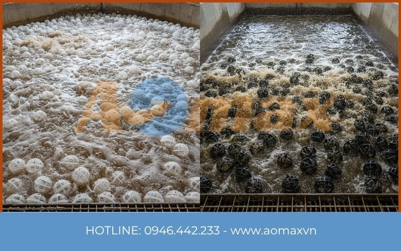 Thả giá thể vi sinh dạng cầu D50 vào bể vi sinh hiếu khí Aerotank