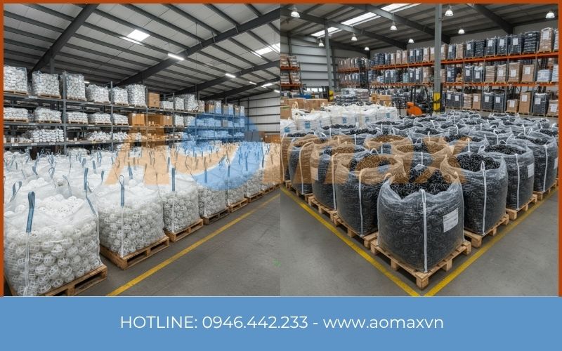 Kho chứa số lượng lớn giá thể vi sinh dạng cầu D50 sẵn sàng giao hàng