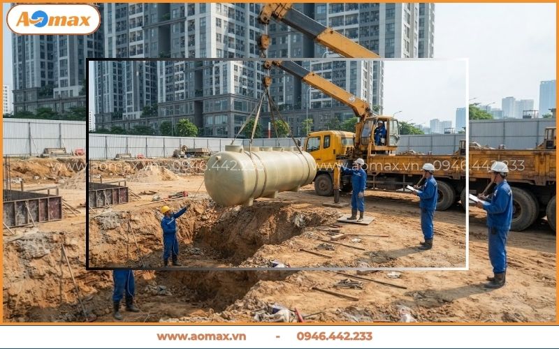 Cẩu hạ bồn module xử lý nước thải sinh hoạt khu dân cư vào hố móng