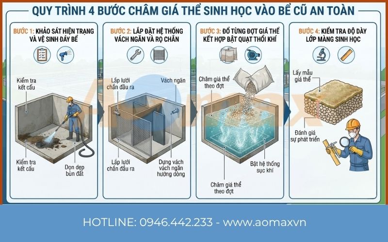 Quy trình 4 bước châm giá thể sinh học vào bể cũ an toàn