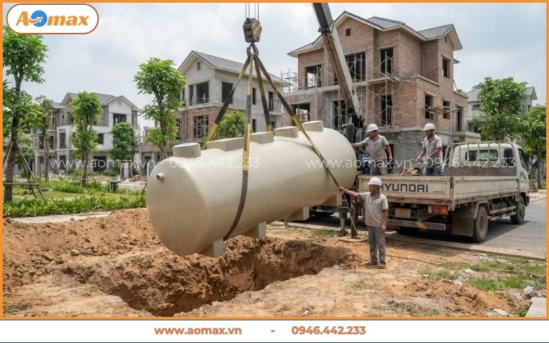 Thi công hạ bể composite xử lý nước thải sinh hoạt âm đất
