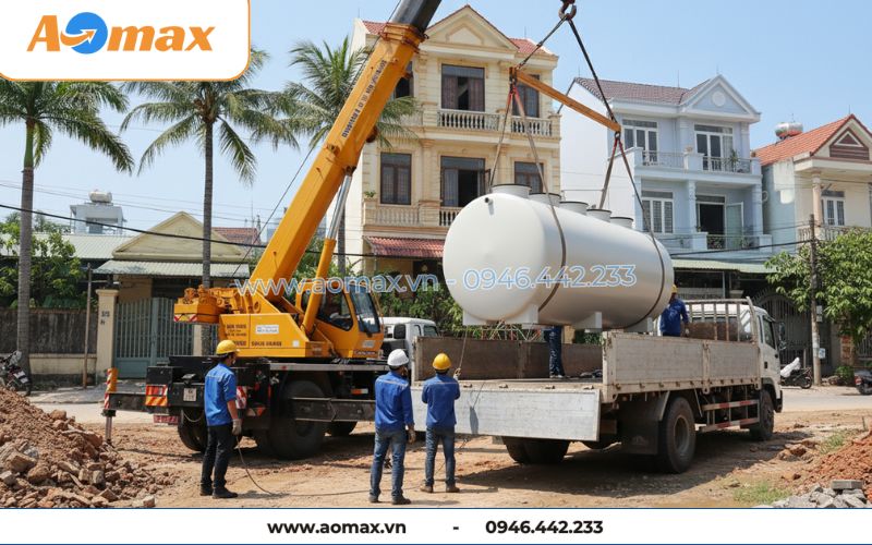 Công nhân hạ hệ thống xử lý nước thải tại chỗ 10m3/ngày xuống để lắp đặt