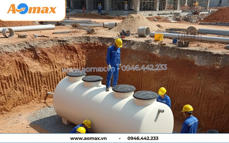 Hạ hệ thống xử lý nước thải tại chỗ 4m3 xuống hố.