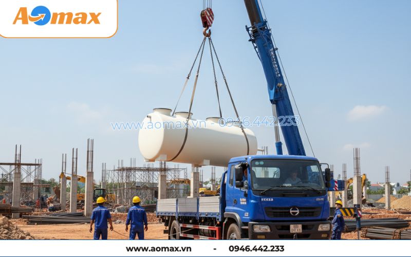 Kỹ sư AOmax đang vận chuyển hệ thống xử lý nước thải tại chỗ 4m3.