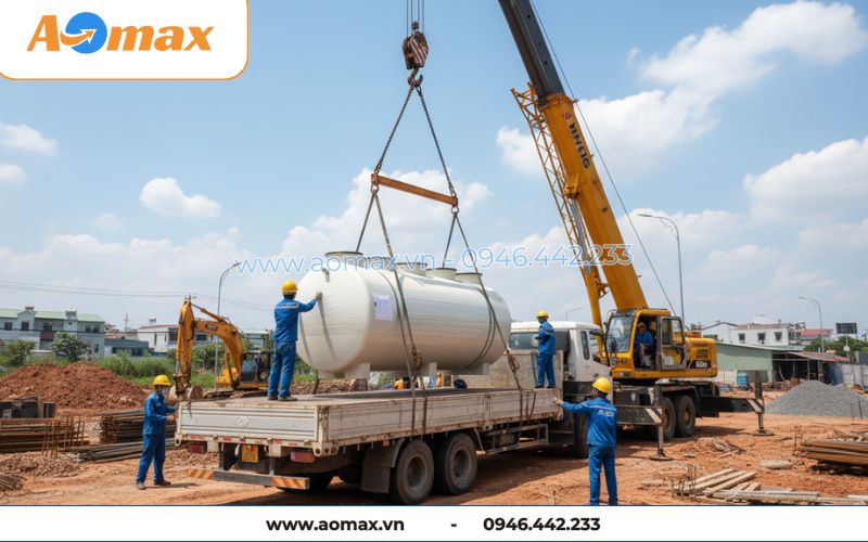 Hạ hệ thống xử lý nước thải tại chỗ 5m3/ngày Aomax Jokaso xuống hố lắp đặt