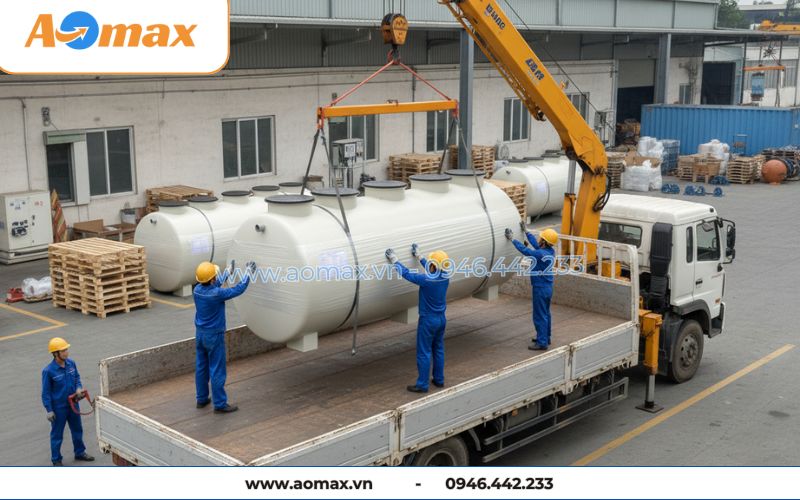 Nhân viên AOmax vận chuyển hệ thống xử lý nước thải tại chỗ 6m3 lên xe bàn giao.
