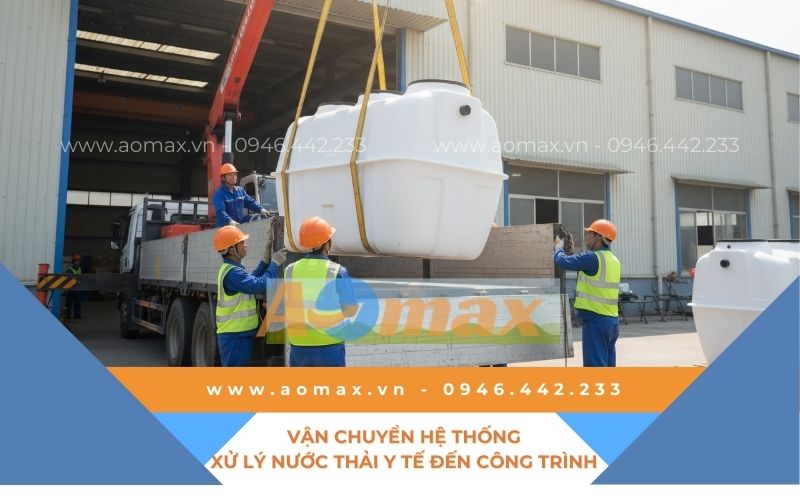 Vận chuyển hệ thống xử lý nước thải y tế đến công trình.