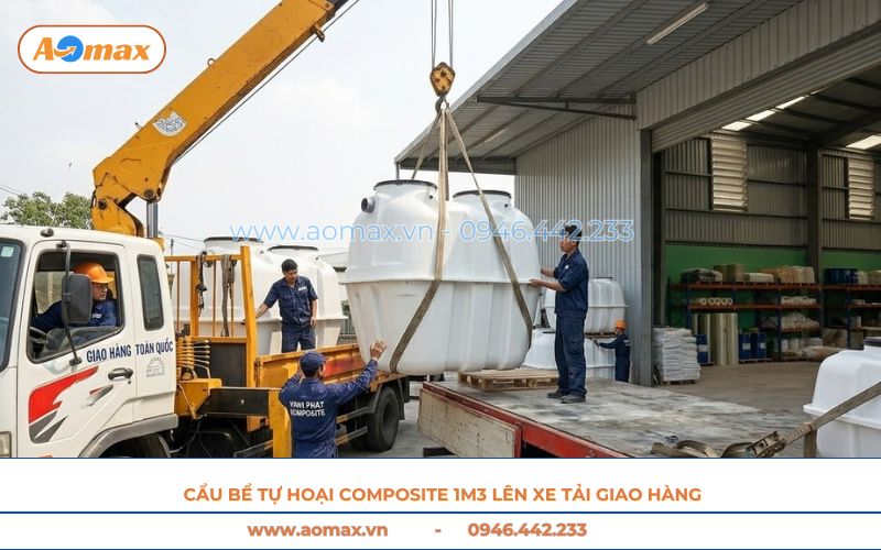 Cẩu bể tự hoại Composite 1m3 lên xe tải giao hàng.