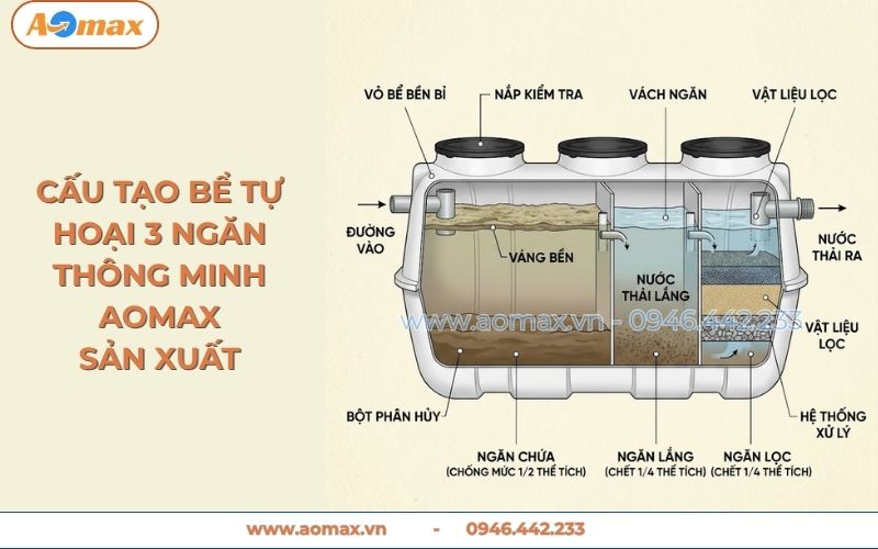 Cấu tạo 3 ngăn bên trong bể tự hoại Composite 2m3