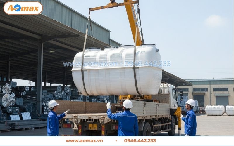 Xe cẩu đưa bể tự hoại Composite 5m3 đi giao cho khách