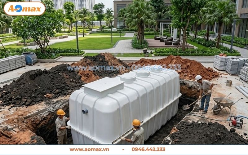 Lấp cát cố định xung quanh bể tự hoại Composite 7m3
