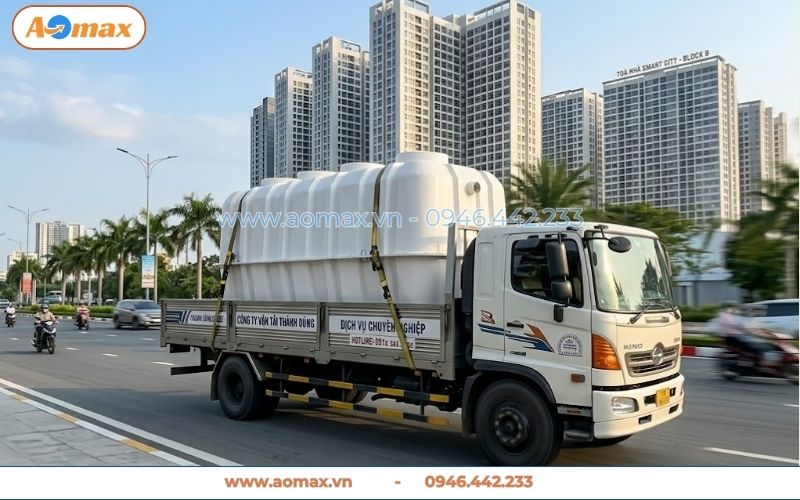 Vận chuyển bể tự hoại Composite 8m3 giao cho khách hàng.