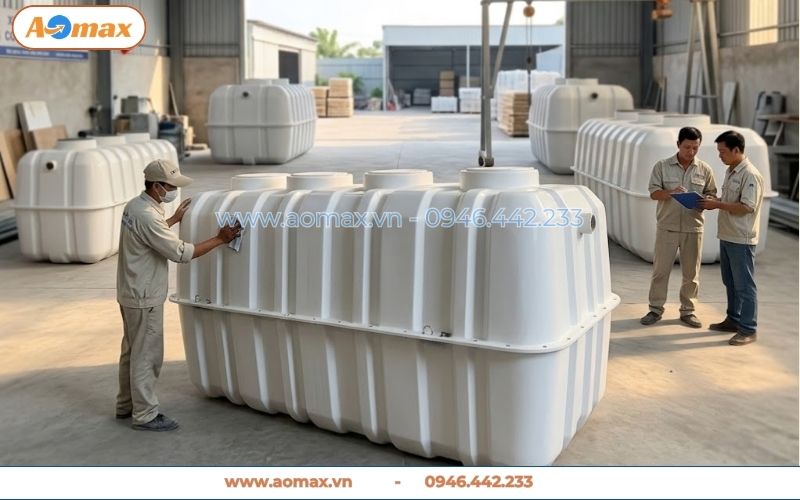 Quy trình sản xuất bể tự hoại Composite 8m3 tại xưởng AOmax.