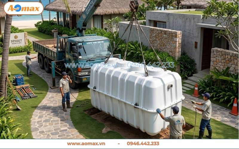 Xe tải cẩu vận chuyển bể tự hoại Composite 9m3 tận nơi