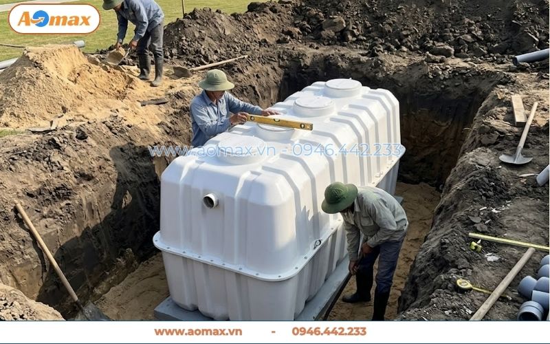 AOmax thi công bể tự hoại Composite 9m3 cho khu resort.