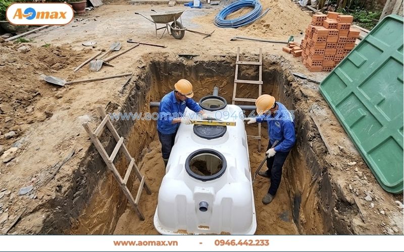 Thi công lắp đặt bể tự hoại composite vô cùng nhanh chóng