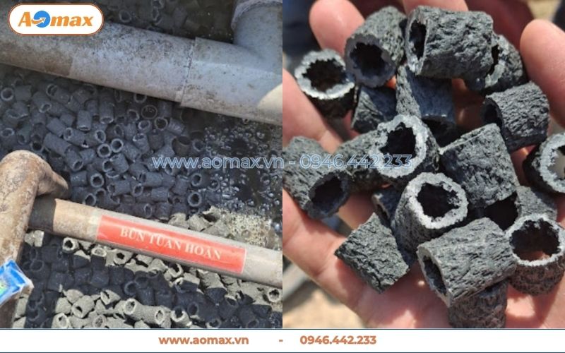 Giá thể vi sinh MBBR đảo đều trong bể Aerotank.