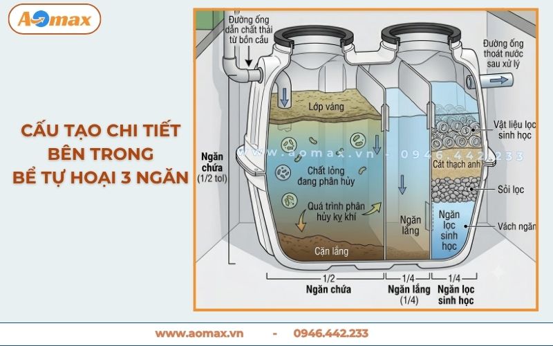 Cấu tạo chi tiết bên trong bể tự hoại 3 ngăn