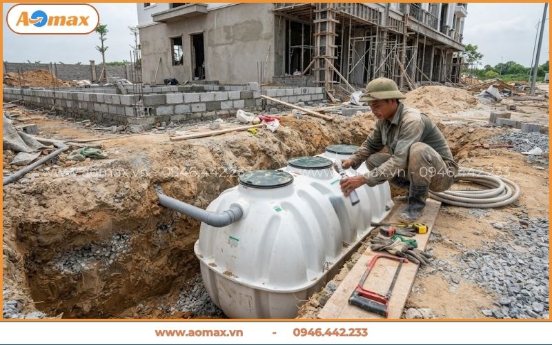 Toàn cảnh công trình thi công lắp đặt bể tự hoại Composite