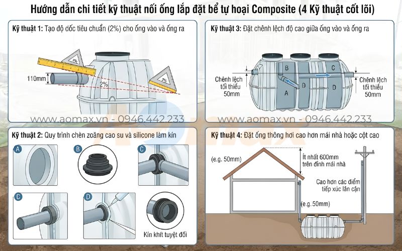 Hướng dẫn chi tiết cách nối ống khi lắp đặt bể tự hoại Composite