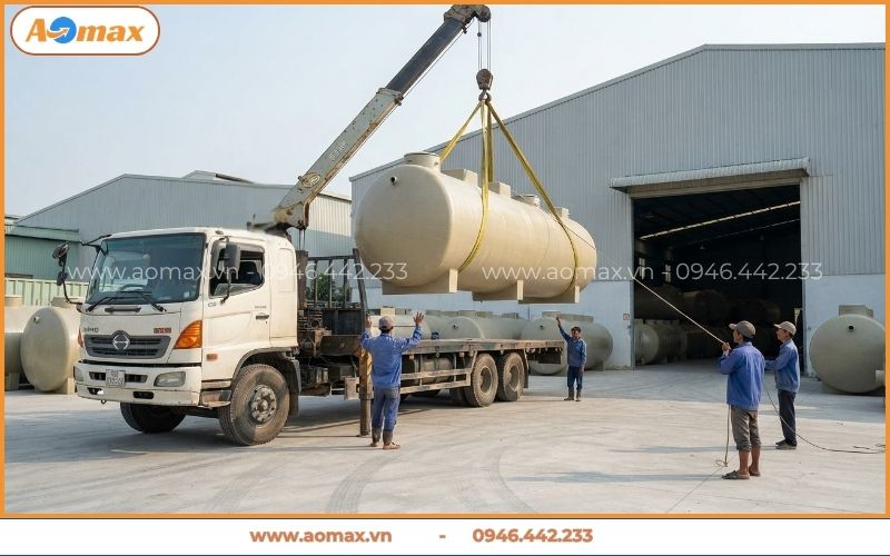 Cẩu hạ thiết bị lắp đặt trạm xử lý nước thải Đà Nẵng.