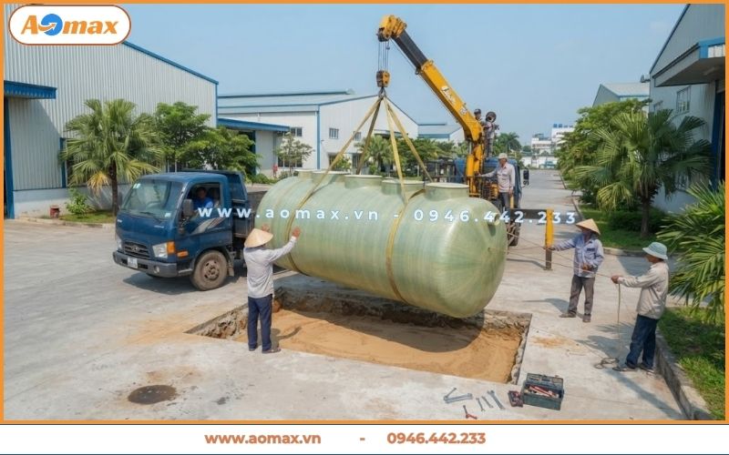 Cẩu bồn composite vào công trình xử lý nước thải Long An.