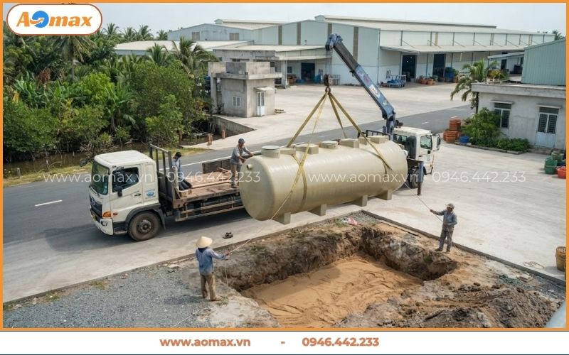 Cẩu lắp mô đun xử lý nước thải Cà Mau tại công trình