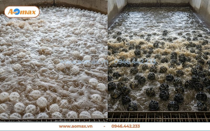 Đổ trực tiếp giá thể vi sinh dạng cầu vào bể hiếu khí