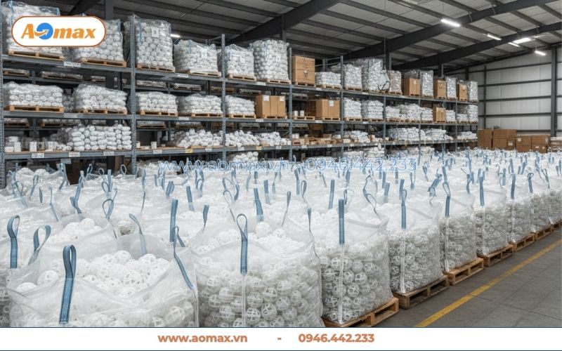 Kho chứa hàng ngàn khối giá thể vi sinh dạng cầu D50 màu trắng