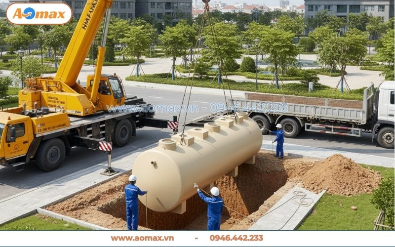 Quá trình cẩu hạ hệ thống xử lý nước thải 100m3