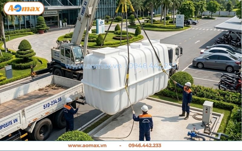 Cẩu hạ an toàn hệ thống xử lý nước thải 10m3 xuống hố móng