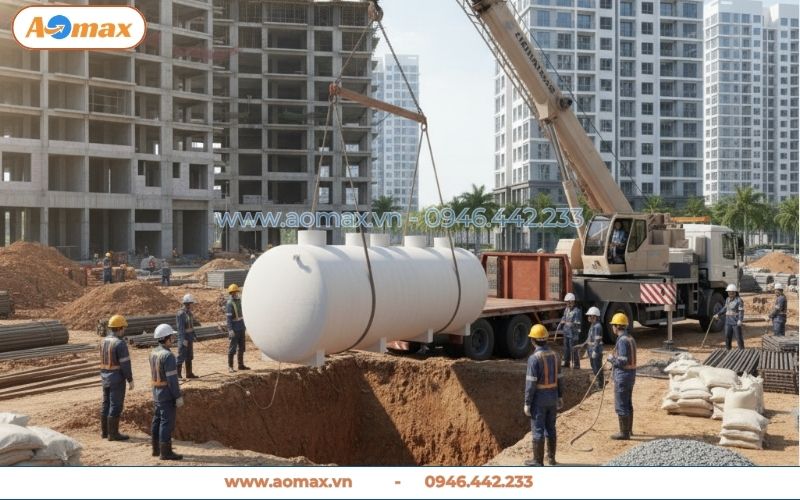 Hạ ngầm hệ thống xử lý nước thải 15m3 xuống hố móng