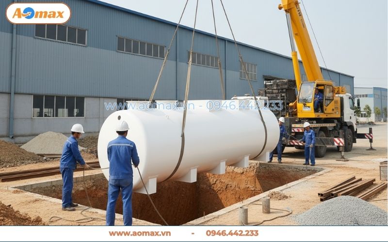 Cẩu hạ an toàn hệ thống xử lý nước thải 20m3 tại công trình