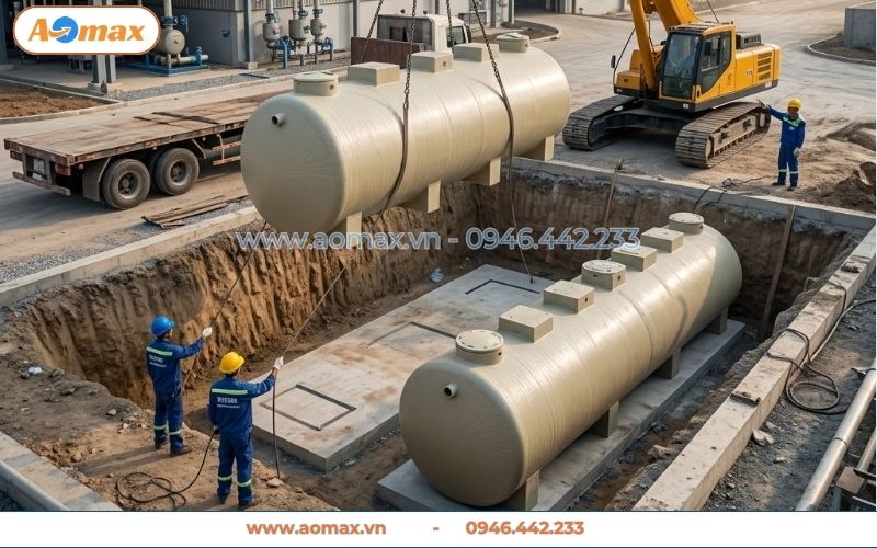 Cẩu hạ bồn hệ thống xử lý nước thải 250m3 xuống hố lắp đặt