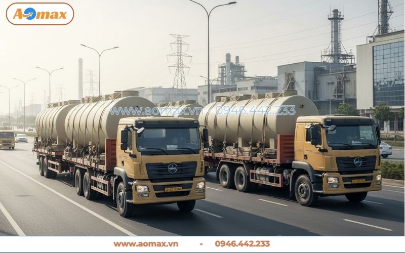 Đội xe vận tải chở hệ thống xử lý nước thải 250m3 đi tỉnh