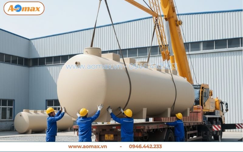  Xe cẩu bốc xếp bồn hệ thống xử lý nước thải 250m3 tại xưởng
