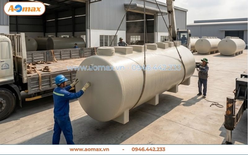 Cẩu module hệ thống xử lý nước thải 300m3 lên xe