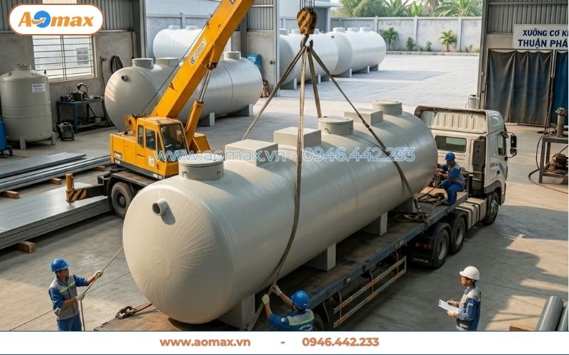 Cẩu tải hệ thống xử lý nước thải 40m3 lên xe