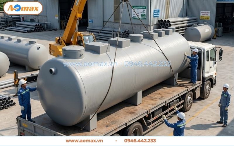 Cẩu bồn hệ thống xử lý nước thải 500m3 lên xe tải giao hàng
