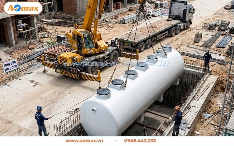 Cẩu hạ module chôn ngầm hệ thống xử lý nước thải 50m3