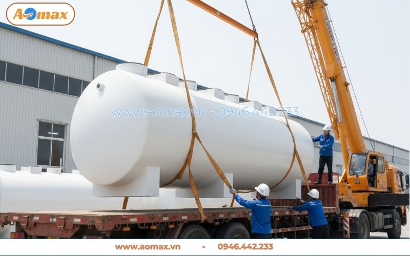 Cẩu hệ thống xử lý nước thải 50m3 lên xe tải