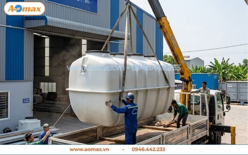 Cẩu hàng hệ thống xử lý nước thải 5m3 lên xe tải