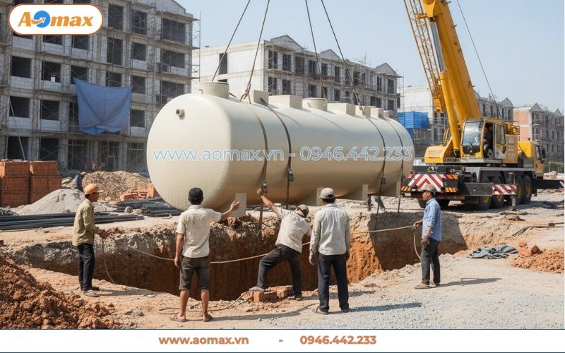 Đưa hệ thống xử lý nước thải 60m3 xuống hố móng thi công