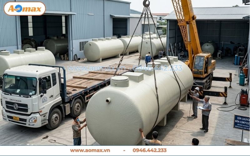 Xe cẩu vận chuyển hệ thống xử lý nước thải 60m3 đến công trình