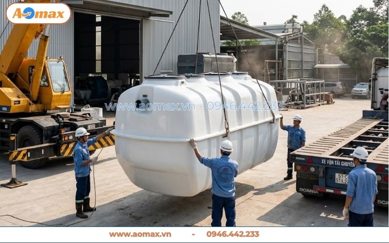 Cẩu hạ hệ thống xử lý nước thải 7m3 lên xe tải