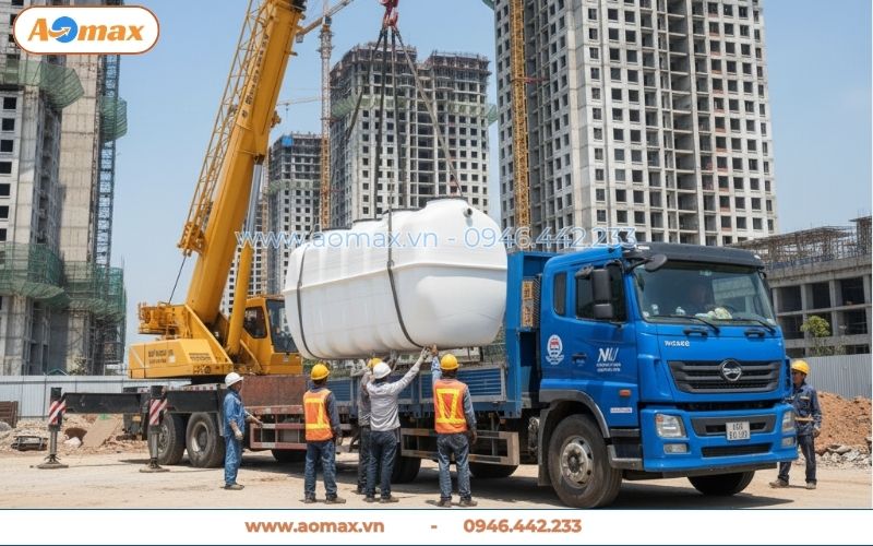 Xe cẩu hạ hệ thống xử lý nước thải 8m3 tại công trình