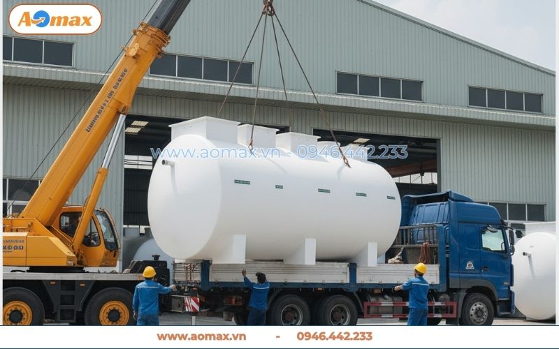Cẩu hệ thống xử lý nước thải 9m3 lên xe tải vận chuyển