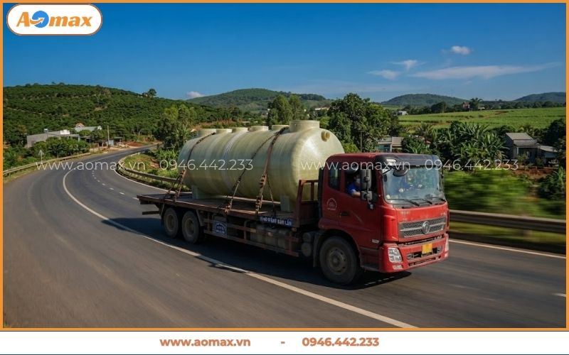 Vận chuyển bồn composite đến công trình xử lý nước thải Đắk Lắk.