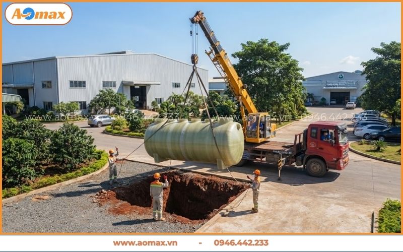 Dùng xe cẩu hạ bồn composite xử lý nước thải Đắk Lắk.