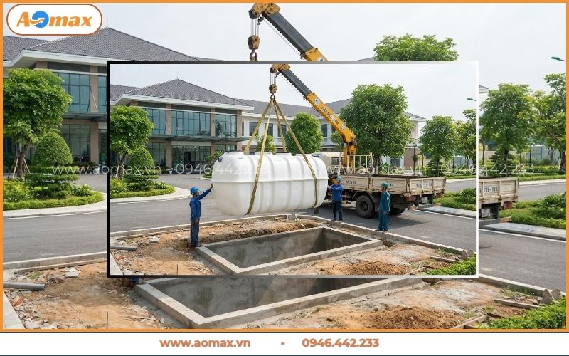 Cẩu hạ module xử lý nước thải y tế vào tầng hầm